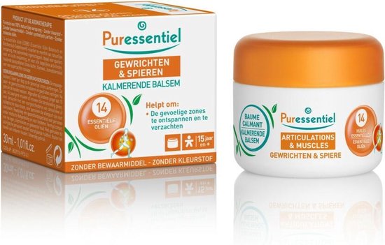 Doos en pot Puressentiel Gewrichten & Spieren kalmerende balsem, met 14 essentiële oliën.