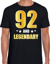 92 and legendary verjaardag cadeau t-shirt / shirt - zwart - gouden en witte letters - voor heren - 92 jaar verjaardag kado shirt / outfit L