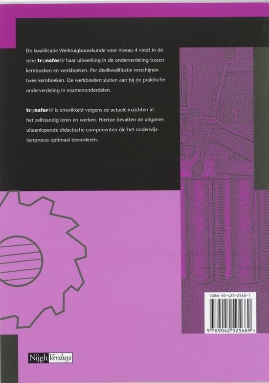 Achterkant 'Constructiewerken Werkboek' met tekst, ISBN en tandwiel- en bouwprint-detail in paars.