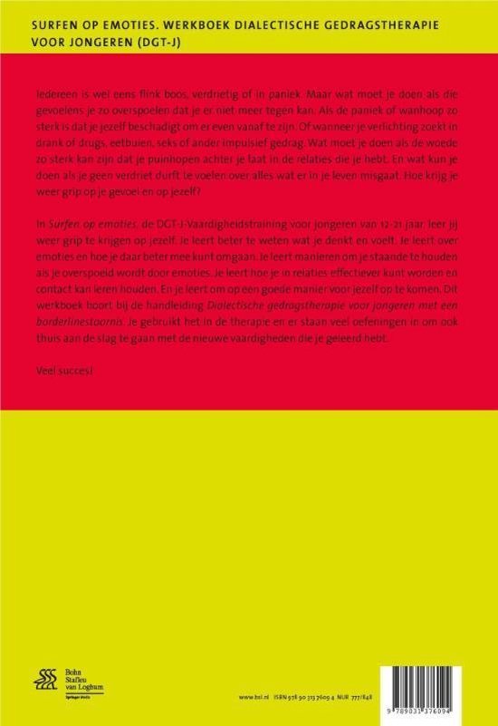 Achterkant van het boek 'Surfen op emoties', met tekst over de inhoud en handleiding dialectische gedragstherapie voor jongeren (DGT-J).