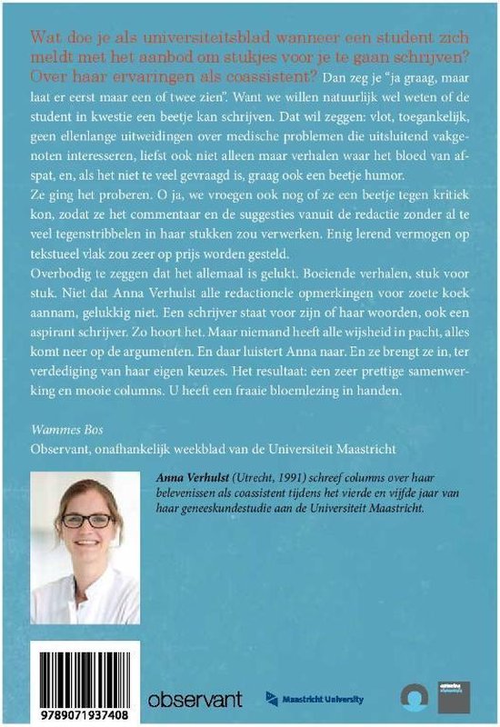Achterkant van het boek 'Het is wit en staat in de weg' met tekst en een portret van Anna Verhulst.