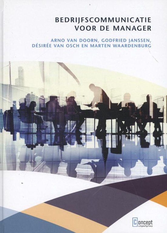Boekomslag met de titel Bedrijfscommunicatie voor de Manager, met op de voorgrond silhouetten van mensen aan tafels, tegen een stedelijke achtergrond.