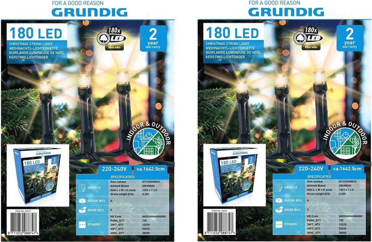 Set van 2x stuks kerstverlichting warm wit buiten lichtsnoeren 180 LED lampjes - Kerstlampjes/kerstlichtjes snoeren