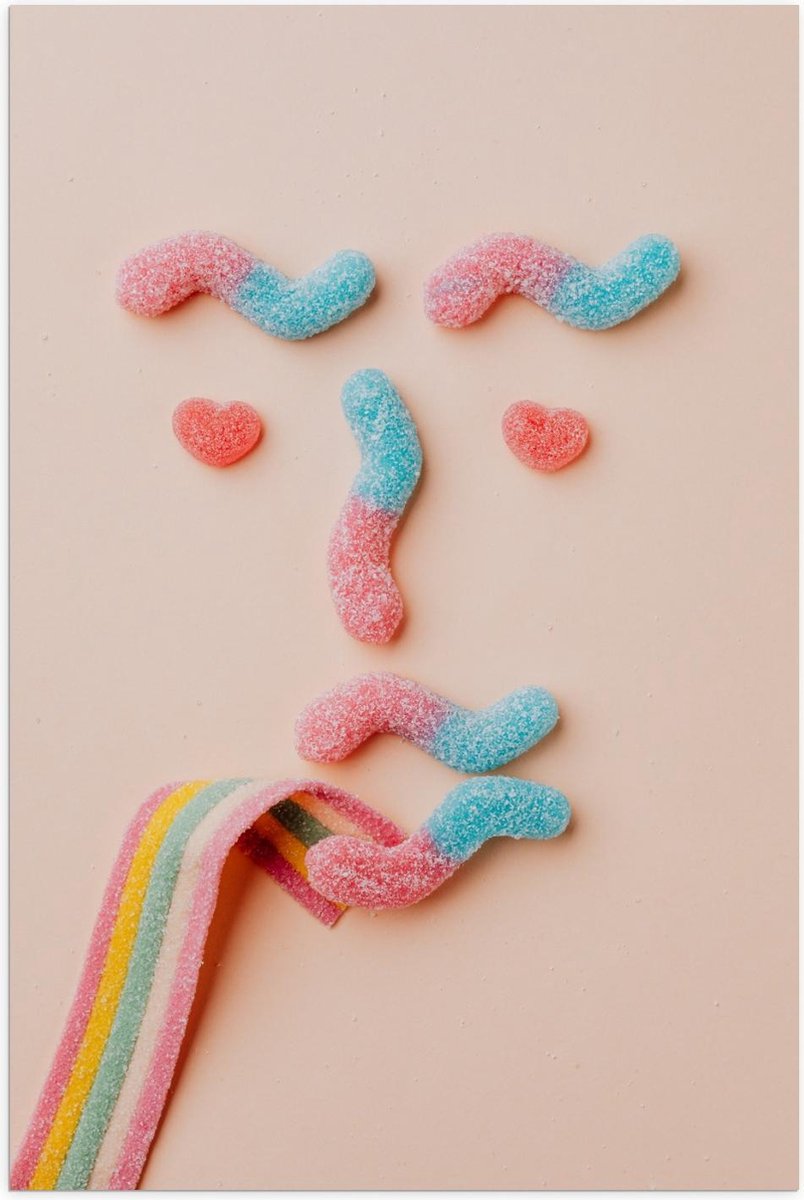 Poster – Gezicht van Snoepjes met Regenboogtong - 60x90cm Foto op Posterpapier