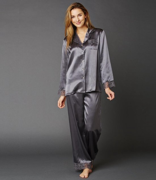 Zijden Dames Pyjama Sleep-In met Kant Antraciet - 100% zijde