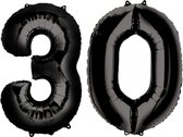 Ballon Cijfer 30 Jaar Zwart Verjaardag Versiering Zwarten Helium Ballonnen Feest Versiering 86 Cm XL Formaat Met Rietje