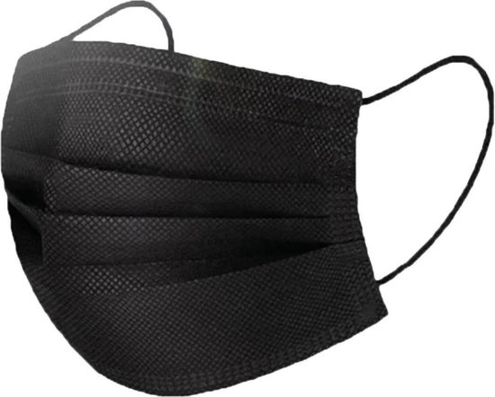 Zwart 3-laags wegwerp mondmasker met oorlussen, met een geruit patroon.