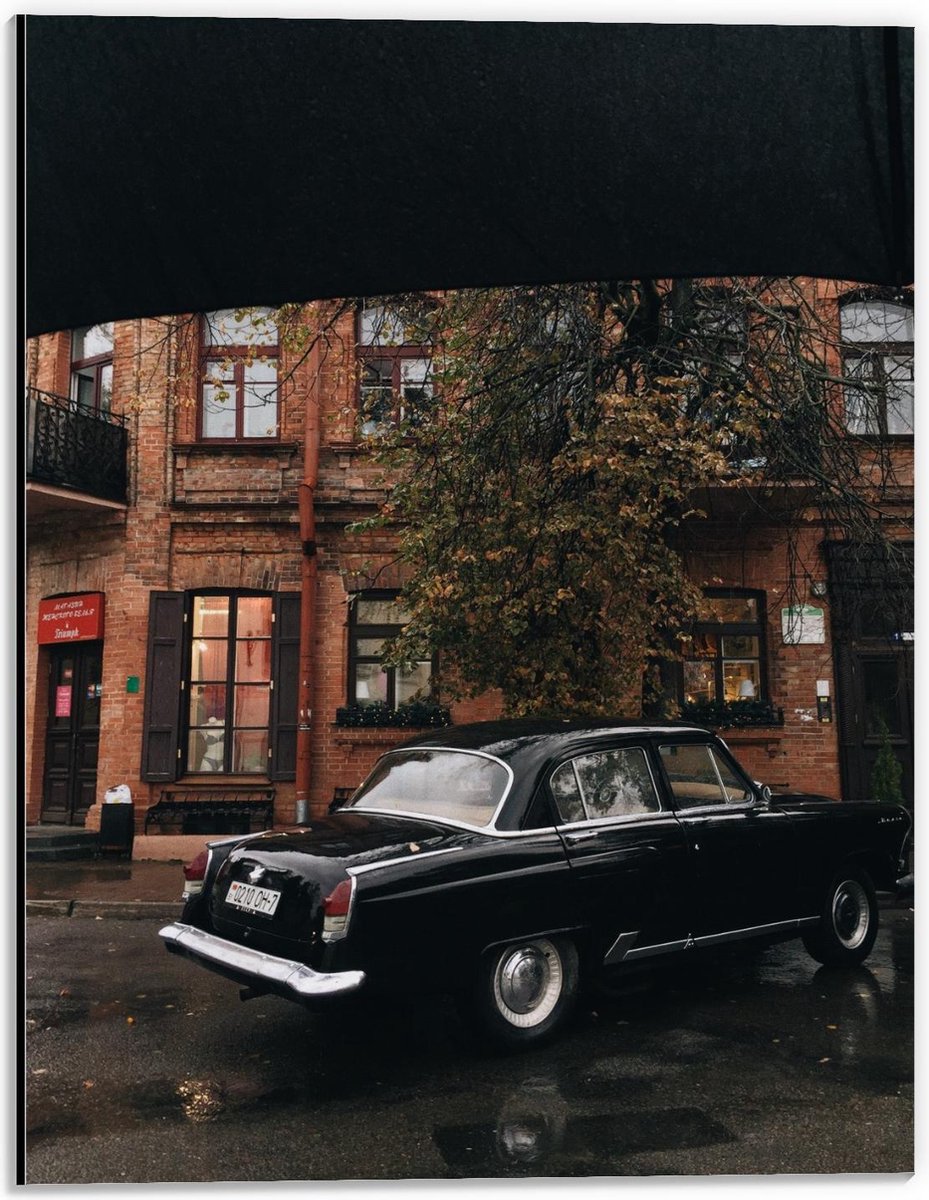 Dibond - Zwarte Geparkeerde Auto bij Boom - 30x40cm Foto op Aluminium (Met Ophangsysteem) op Prijzenvolger.com