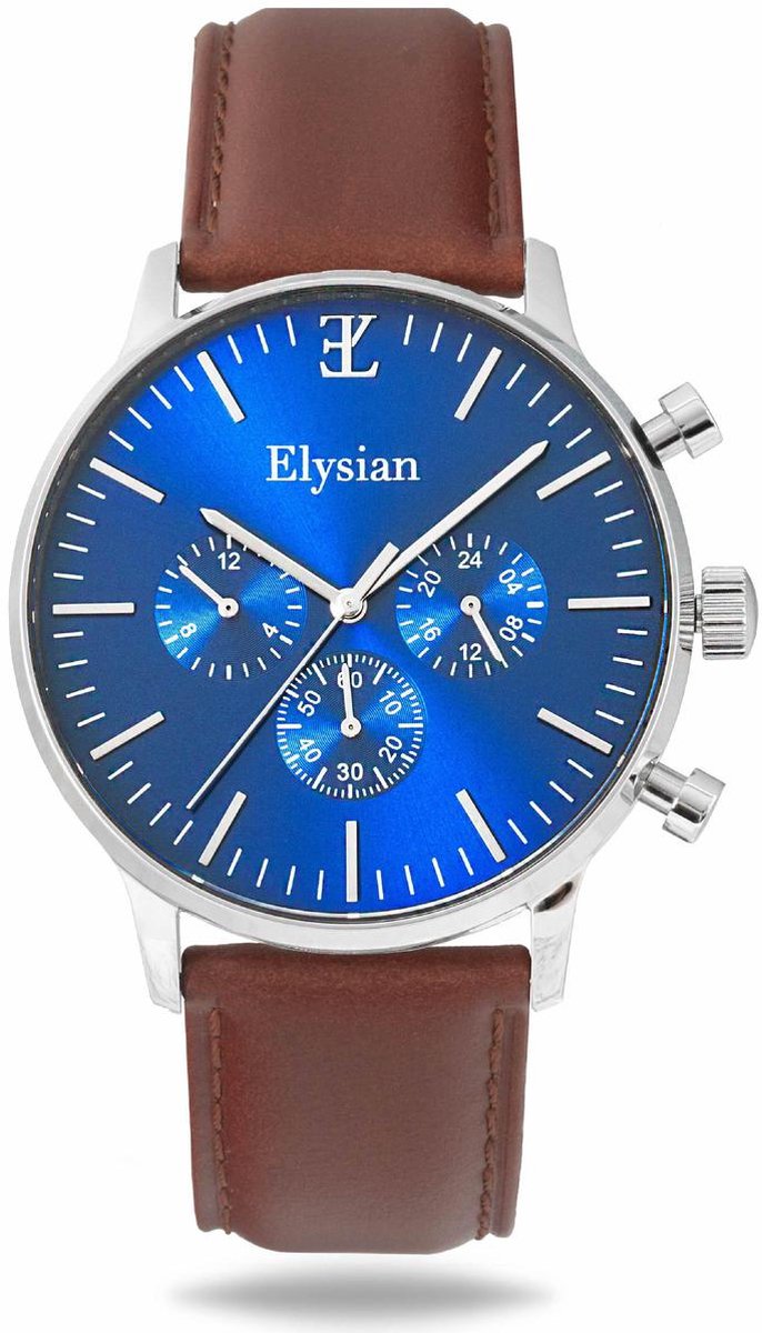 Elysian - Horloge Heren - Zilver - Leer - Waterdicht - Krasvrij Saffier - 43mm