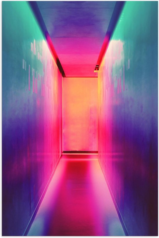 Poster – Gang met Blauwe en Roze Lichtgevende Muren - 40x60cm Foto op Posterpapier