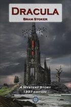 Boekomslag van 'Dracula' van Bram Stoker, 1897 editie, met een gotische kerk op een rotsachtig eiland.