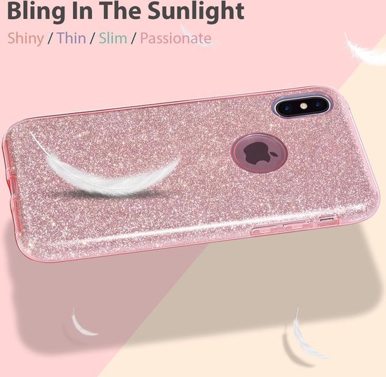 Roze glitter telefoonhoesje met Apple logo, bedekt met glitters.
