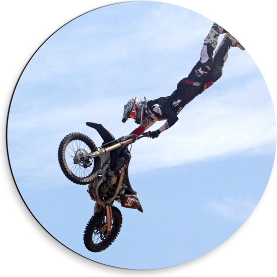 Dibond Wandcirkel - Motorcrosser in de Lucht met Motor - 50x50cm Foto op Aluminium Wandcirkel (met ophangsysteem)
