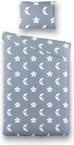 Fresh&Co  Kids - Junior Kinderdekbedovertrek Moon & Stars - Blauw 120x150 cm - Katoen - Kinderdekbedovertrek met 1 Kussensloop
