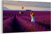 Schilderij - Girl travel in lavender field — 90x60 cm