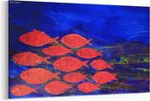 Schilderij - Abstracte verf met rode vissen — 100x70 cm