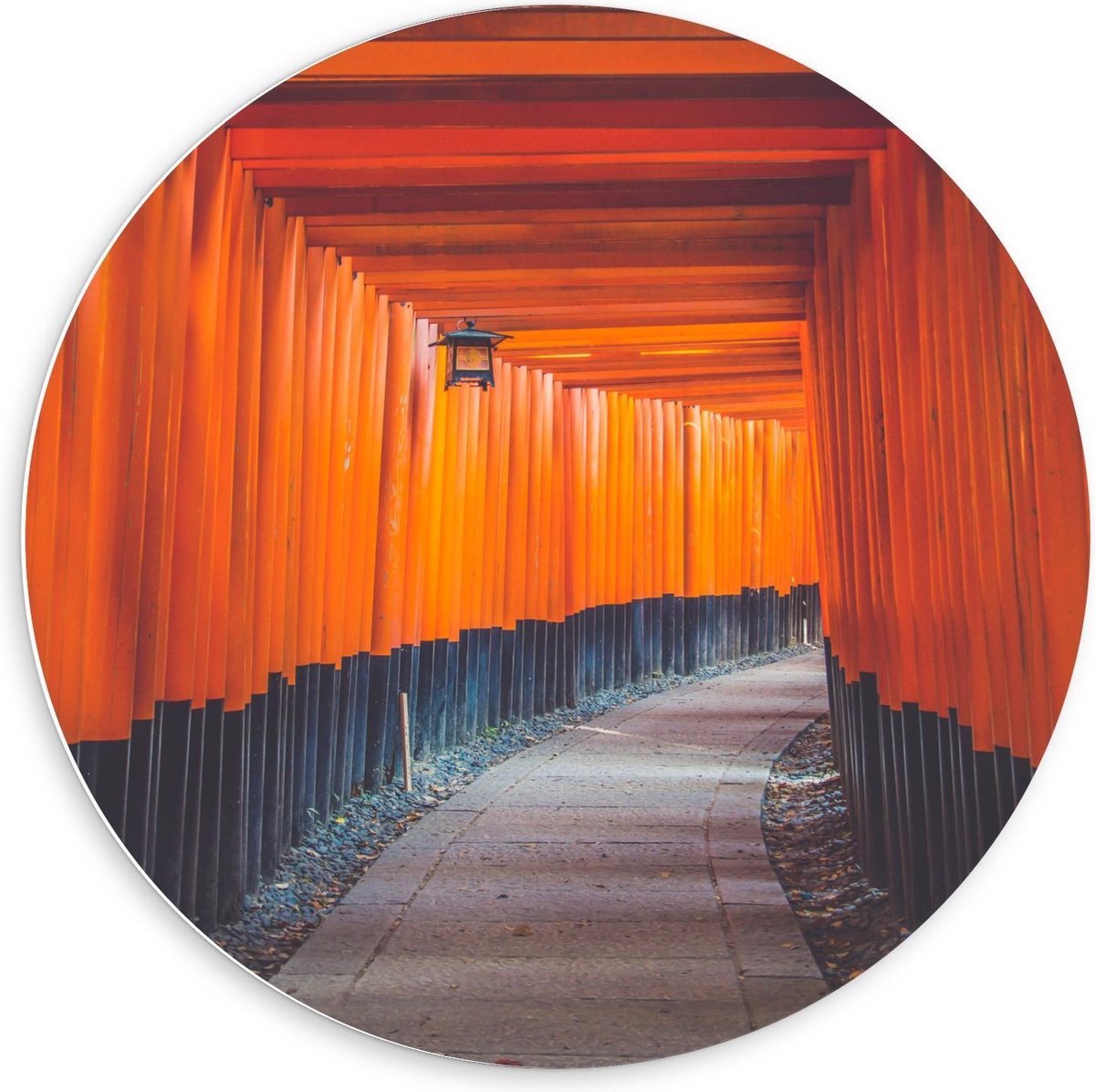 Forex Wandcirkel - Gang van Oranje Palen - 60x60cm Foto op Wandcirkel (met ophangsysteem)