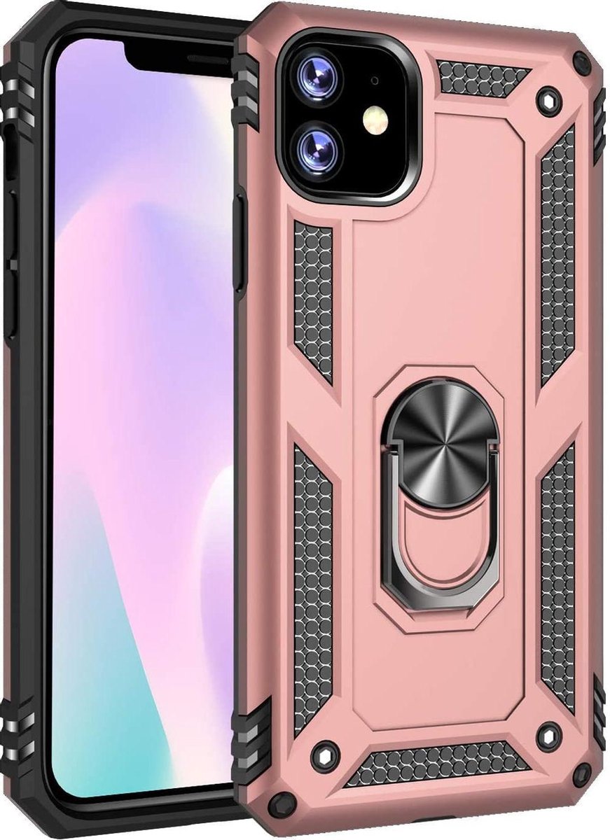 Anti-Shock Hybrid Ring Armor Hoesje - Geschikt voor: iPhone 12 - rose goud