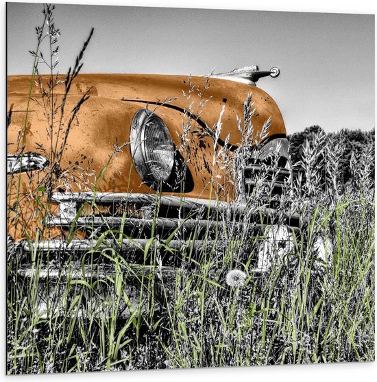 Dibond - Gele Retro Auto in het Gras - 100x100cm Foto op Aluminium (Wanddecoratie van metaal)