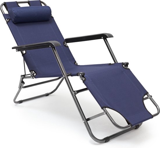 Relaxdays ligstoel inklapbaar - ligbed met hoofdsteun - strandstoel verstelbaar - camping - donkerblauwe