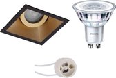 LED Spot Set - Pragmi Zano Pro - GU10 Fitting - Inbouw Vierkant - Mat Zwart/Goud - Kantelbaar - 93mm - Philips - CorePro 827 36D - 5W - Warm Wit 2700K - Dimbaar - BES LED
