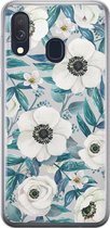 Samsung Galaxy A40 hoesje siliconen - Witte bloemen - Soft Case Telefoonhoesje - Bloemen - Blauw