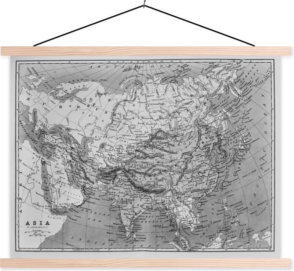 Posterhanger incl. Poster 150x113 cm - Schoolplaat - Klassieke wereldkaart zwart wit - Textielposter - Blanke latten