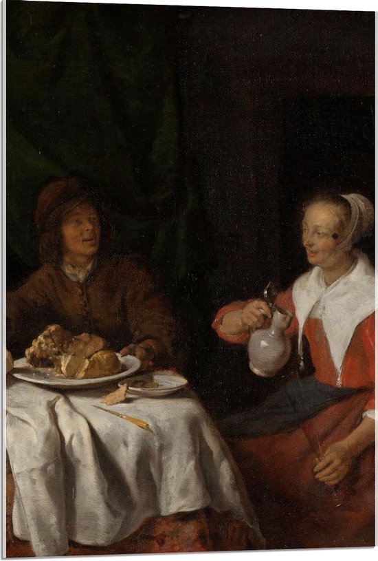 Acrylglas - Oude meesters - Man en vrouw aan de maaltijd, Gabriël Metsu - 60x90cm Foto op Acrylglas (Met Ophangsysteem)