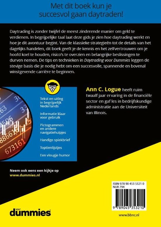 Boekomslag met gele en zwarte achtergrond. Titel: Daytrading voor dummies. Auteur: Ann C. Logue. Bevat informatie over daytrading, grafieken en percentages.
