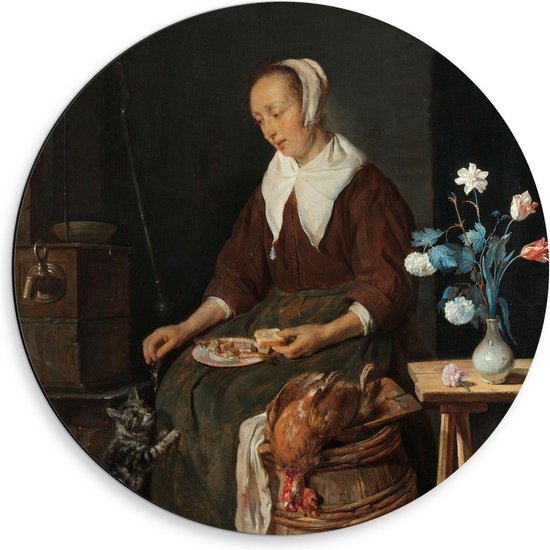 Dibond Wandcirkel - Oude meesters - Het ontbijt van de kat, Gabriël Metsu - 50x50cm Foto op Aluminium Wandcirkel (met ophangsysteem)