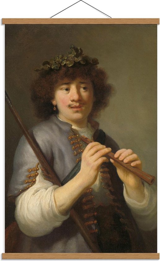 Schoolplaat – Oude meesters - Rembrandt als herder met staf en fluit, Govert Flinck - 60x90cm Foto op Textielposter (Wanddecoratie op Schoolplaat)