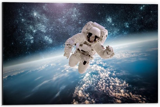 Dibond - Astronaut in de Ruimte - 60x40cm Foto op Aluminium (Wanddecoratie van metaal)