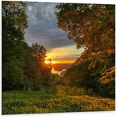 Dibond - Zonsondergang onder aan de Berg - 100x100cm Foto op Aluminium (Wanddecoratie van metaal)