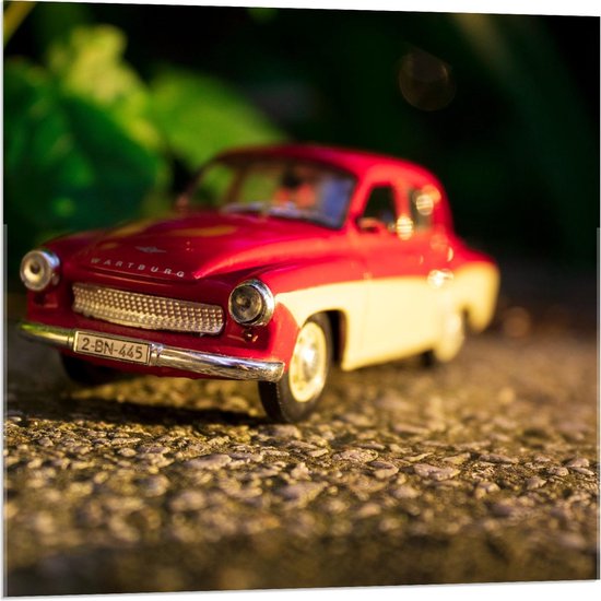 Acrylglas - Rode Miniatuur Auto in Grind - 80x80cm Foto op Acrylglas (Met Ophangsysteem)