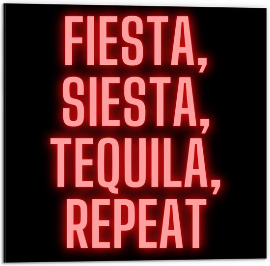 Dibond - Tekst: ''Fiesta, Siesta, Tequila, Repeat'' zwart/rood - 50x50cm Foto op Aluminium (Wanddecoratie van metaal)