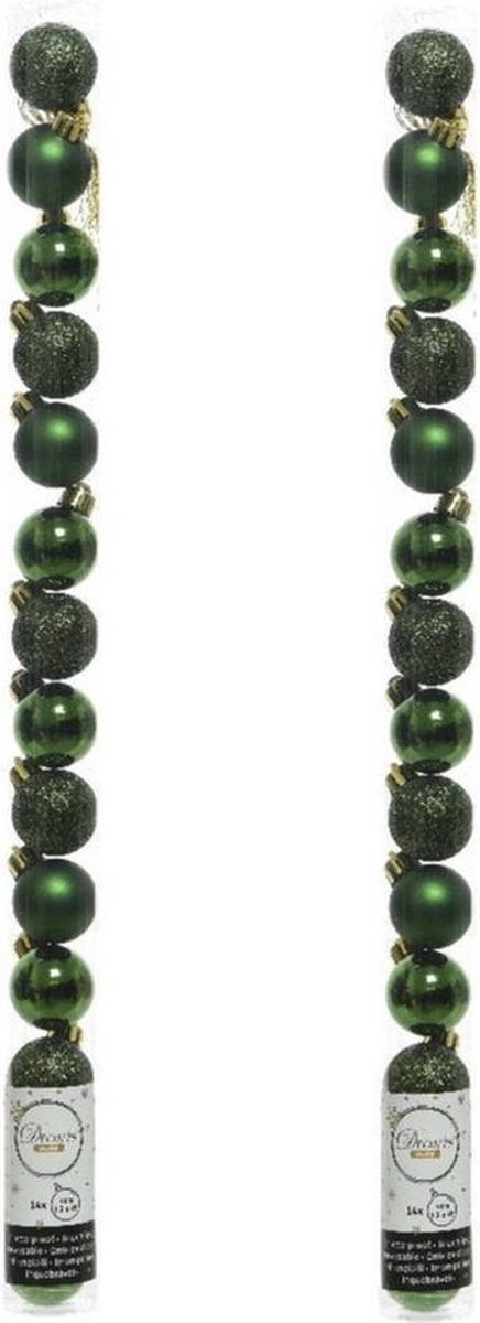 28x Kleine donkergroene kunststof kerstballen 3 cm - glans/mat/glitter - Kerstversiering donkergroen