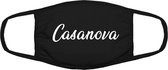 Casanova | sier | tekst | mondkapje | gezichtsmasker | bescherming | bedrukt | logo | Zwart mondmasker van katoen, uitwasbaar & herbruikbaar. Geschikt voor OV