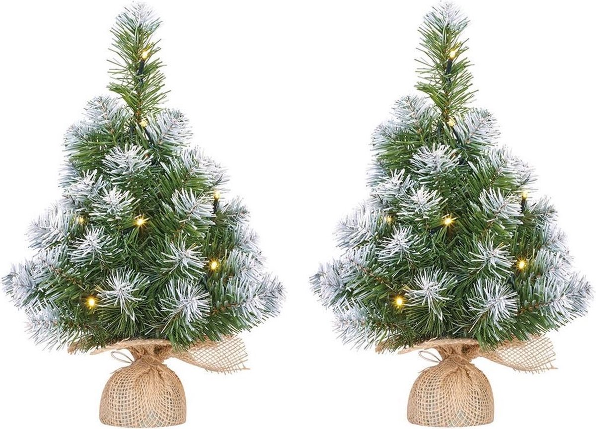 3x stuks mini kunst kerstbomen in jute zak met verlichting en sneeuw 45 cm - Kleine boompjes