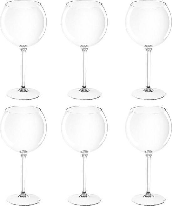 Set van 6x rode wijn/gin tonic ballon glazen transparant 650 ml onbreekbaar kunststof - Herbruikbaar - Wijnen wijnliefhebbers drinkglazen