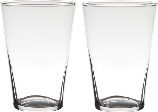 Set van 2x stuks transparante home-basics conische vaas/vazen van glas 20 x 14 cm - Bloemen/takken/boeketten vaas voor binnen gebruik
