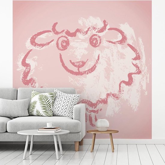 Une illustration d'un mouton dans une fotobehang rose