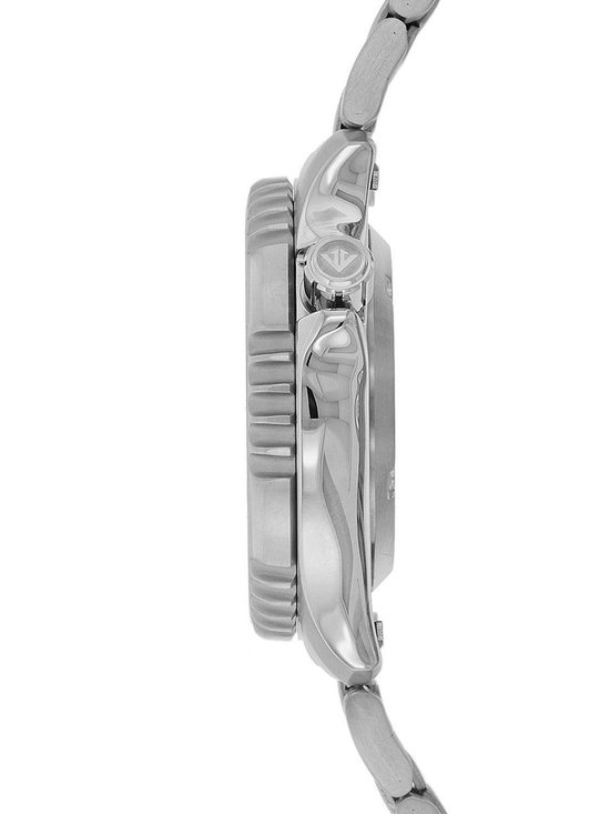 Zijaanzicht van een zilverkleurig Citizen Promaster horloge met metalen band.