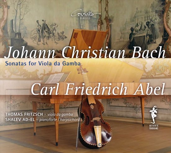 Albumhoes met een barok klavecimbel en viola da gamba. Johann Christian Bach, Carl Friedrich Abel. Sonatas for Viola da Gamba.