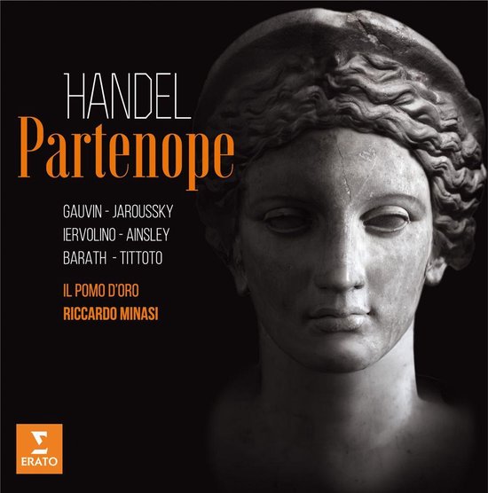 Albumhoes met buste van een klassiek beeldhouwwerk en tekst "HANDEL Partenope".