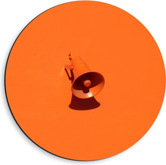Dibond Wandcirkel - Oranje Megafoon op Oranje Achtergrond - 40x40cm Foto op Aluminium Wandcirkel (met ophangsysteem)