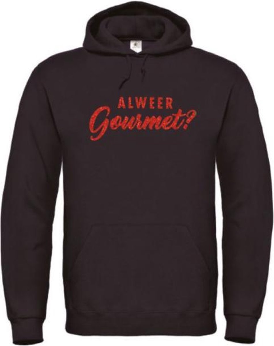 Foute kersttrui hoodie zwart S - Alweer gourmet? - Rood glitter - soBAD. | Kersttrui soBAD. | kerstsweaters volwassenen | kerst hoodie volwassenen | Kerst outfit | Foute kerst truien
