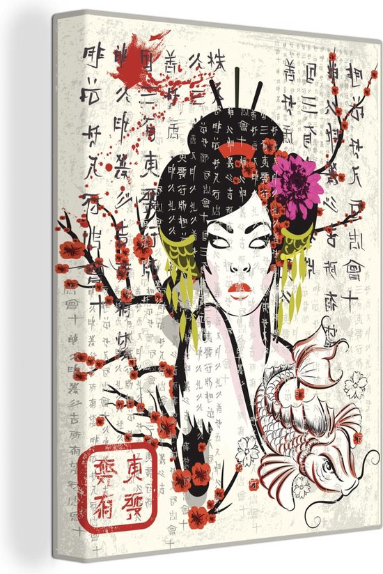 Canvas Schilderij Japanse illustratie traditionele vrouw - 60x80 cm - Wanddecoratie