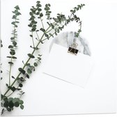 Acrylglas - Witte Enveloppe met Groene Plant - 80x80cm Foto op Acrylglas (Met Ophangsysteem)
