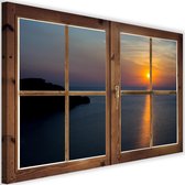 Schilderij Uitzicht op zonsondergang, 2 maten, bruin raam, Premium print
