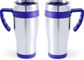 2x stuks rVS thermosbeker/warmhoud koffiebekers blauw 500 ml - Isoleerbekers/reisbekers